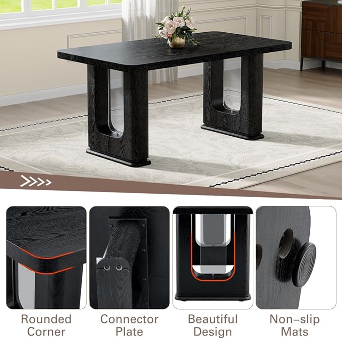 64.5" Black Dining Table Set for 4, Modern Kitchen Table and Chairs Set with PU Leather Cushioned Chairs & Decorative Pedestal Base, 5 Piece Wood Grain Dining Table Set for Dining Room or Kitchen