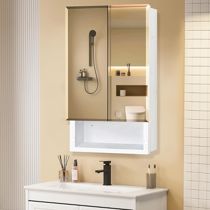 Bathroom Medicine Cabinet with Mirror, 16x26 Inch Platstic Framed Beveled Edge Mirror Cabinet with Removable Shelves, Extra Storage Space, Recessed or Surface Mount
