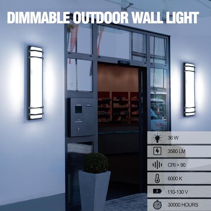 Sytmhoe Outdoor Wall Lights,2Packs 36w Dimmable LED Modern Porch & Patio Wall Light Fixture, 23.6in Black Exterior Sconce Wall Mounted Lights Suitable for Garage Courtyard House(6000K)