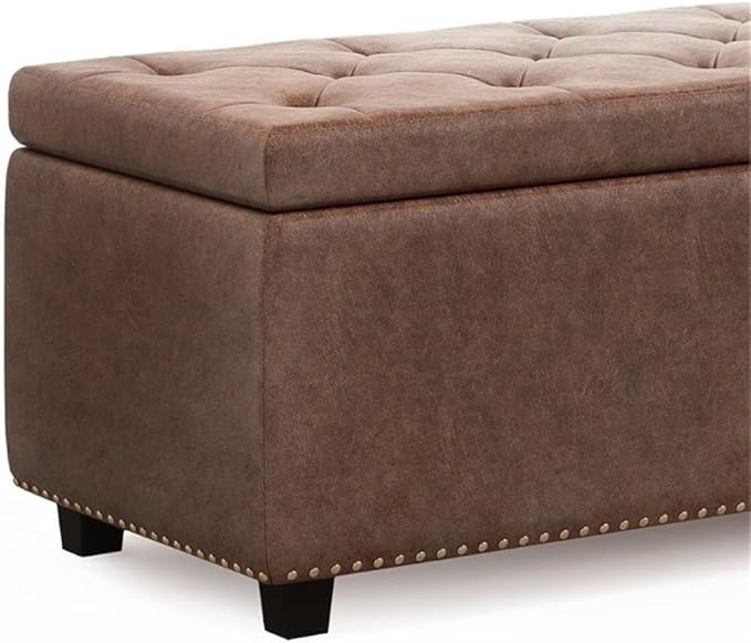 48"W Leather Storage Ottoman Bench with Lift Top, Nail Head Trim, Footrest with Large Storage Space, Distressed Brown Storage Chest, Queen Size End of Bed Bench with Hidden Space for Blankets
