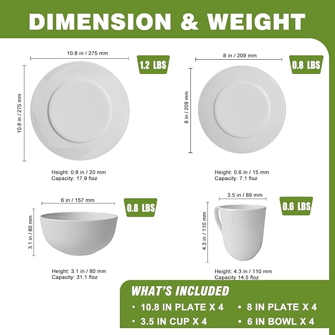 Yoshy Bone China Dinnerware with Lightweight Durable Chip Resistant Design Service for 4 (16 Piece - Service for 4, Rhythmlight)