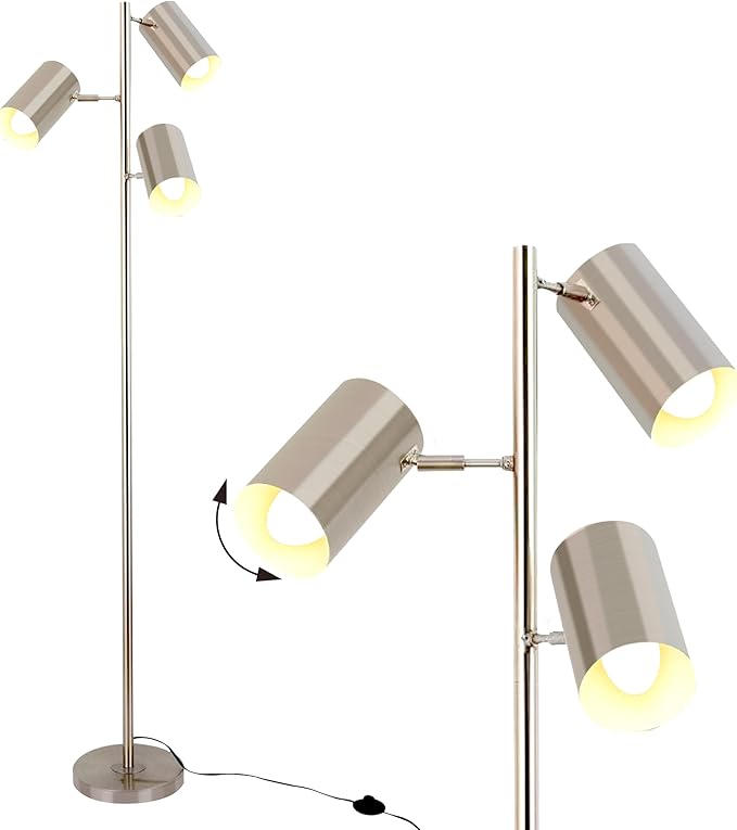Tree Floor Lamp with 3 Light Bulbs,Nickel Standing Tall Pole Lamp with 3 Adjustable Rotating Lights,Farmhouse Floor Lamp for Living Room Bedroom Office,Vintage Standing Lamp 9W E26 LED Bulbs Included.