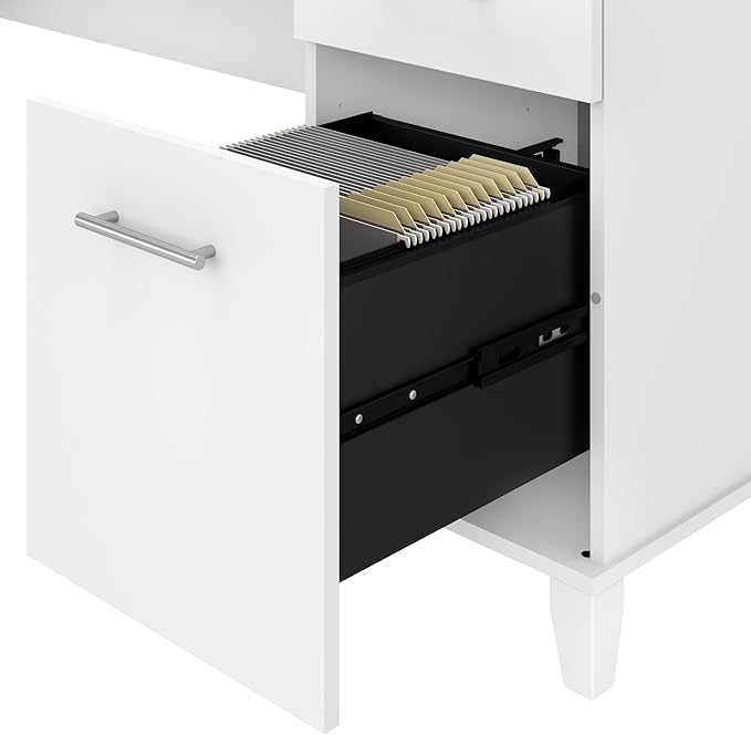Bush Furniture Somerset L Shaped Desk with Hutch in White | Corner Computer Table with Drawers, Cabinets and Pullout Keyboard/Laptop Tray for Home Office