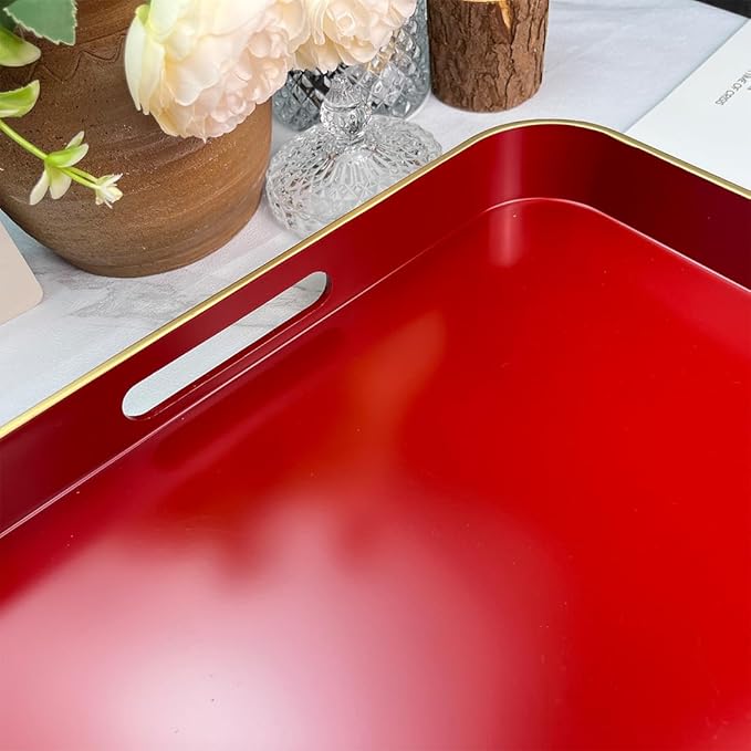 Large Red Tray, Elegant Plastic Coffee Table Tray for Ottoman, Home Decor, Living Room.16.7"*12"*1.6"