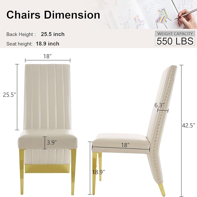 AUZ White and Gold Dining Chairs Set of 2, White PU Leather Dining Room Chair with Nailhead Trim and Gold Polished Metal Legs, Luxury High Back Dining Chairs