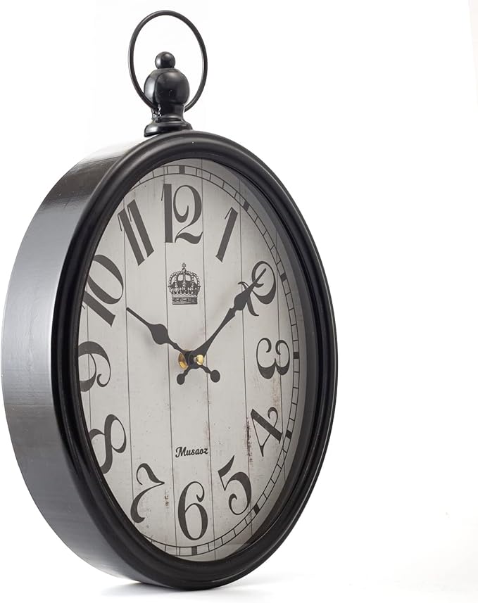 Oval Large Wall Clock Silent Non-Ticking Metal Battery Operated Retro Antique Design Rustic Vintage Style Decor for Living Room Kitchen Farmhouse 16 inch (Black, 16inches)