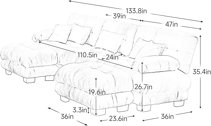 133.8" Oversized Couch, 3 Seater Modular Sectional Sofa, Pink Large U Shaped Sectional Fluffy Couch Set, Chenille Cloud Couch with Ottoman, Deep Seat Sofas for Living Room