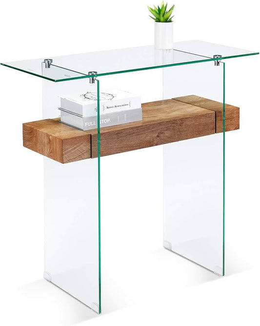 ivinta Glass Console Table with Storage, 31.5'' Modern Narrow Entryway Table with Storage Shelves for Living Room, Hallway, Foyer, Bedroom or Small Spaces 5103 (Natural)