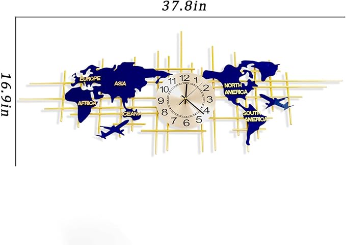 37.8 Inch Modern World Map Wall Clock, Silent Quartz 3D Design, Large Handmade Iron Frameless Decorative Clock for Living Room, Bedroom, Kitchen, Office (Small)