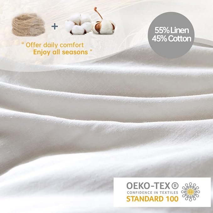Simple&Opulence French Linen Duvet Cover Set 104"x 92"- 5 Pieces (1 Comforter Cover,4 Pillowcases)-Natural Flax Cotton Blend-Solid Color Breathable Farmhouse Bedding-Off White, King
