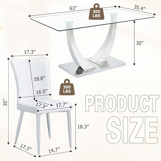 Glass Dining Table Set for 4,Dining Room Table Set for 4,Kitchen Table Set with 4 PU Leather Chairs,63'' Glass Dining Table Set with Silver U-Shaped Table Legs and Rectangular Base