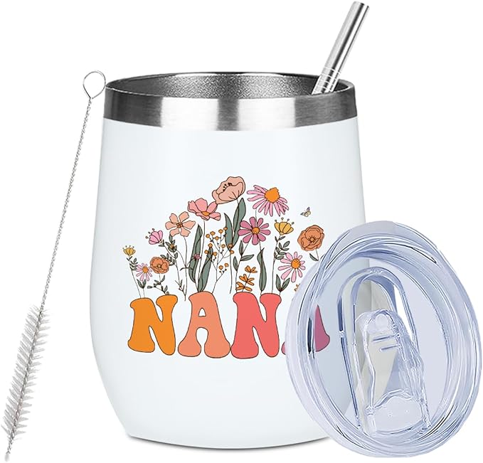 Nana Grandma Birthday Gifts Wine Tumbler 12 oz Insulated Wine Glass Cup with Lid Straw Vacuum Insulated Travel Cup,Grandma Gifts from Granddaughter for Women Grandmother Christmas Mothers Day