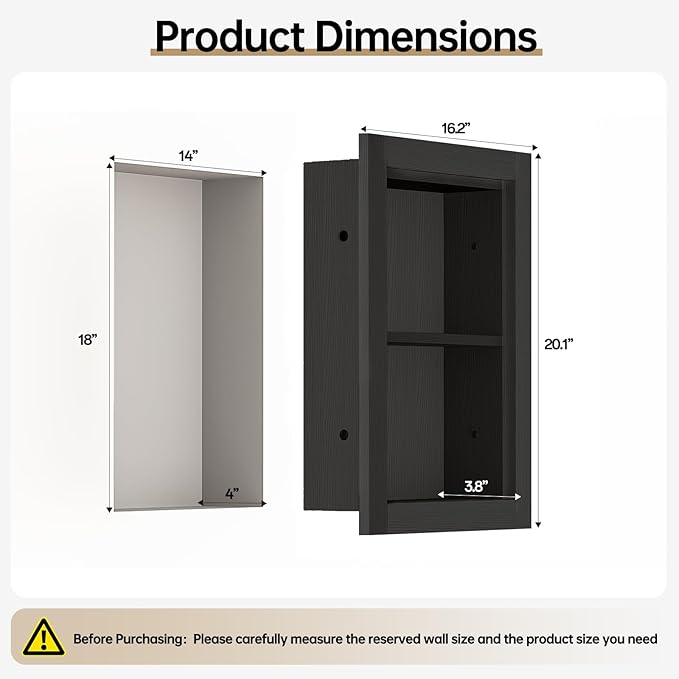 Recessed Medicine Cabinet, 14x18 Wood Recessed Wall Niche Medicine Cabinet Replacement, Water-Proof Wall Niche for Bathroom/Hallway, Black