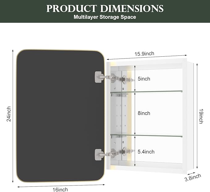 WallBeyond Bathroom Medicine Cabinet with Mirror, 16x24 Inch Gold Recessed Medicine Cabinet with Round Corner Aluminum Alloy Metal Framed.