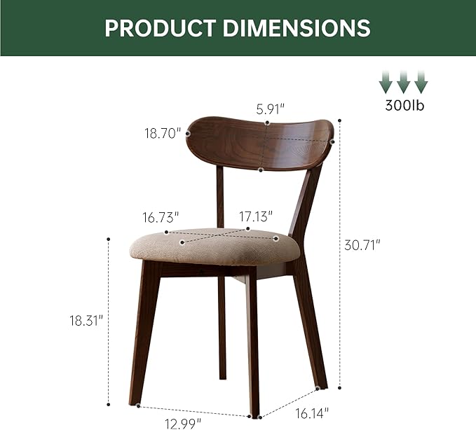 100% Solid Wood Upholstered Dining Chairs, Mid Century Modern Oak Dining Chairs with Curved Back Design with Butterfly Wing Shape for Kitchen, Dining Room, Restaurant (1PK, Walnut Color-Gray Cushion)