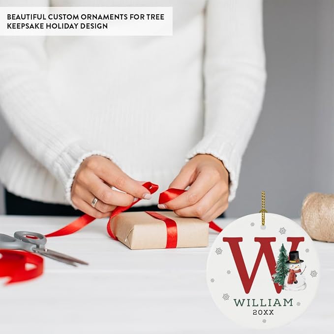 Andaz Press Personalized Christmas Ornament, Custom Name, Initial W Monogram Snowman 2.8" Ceramic Porcelain 2025 Christmas Ornament Keepsake for Kids, Boys, Girls, Initial Ornaments, 1-Pack