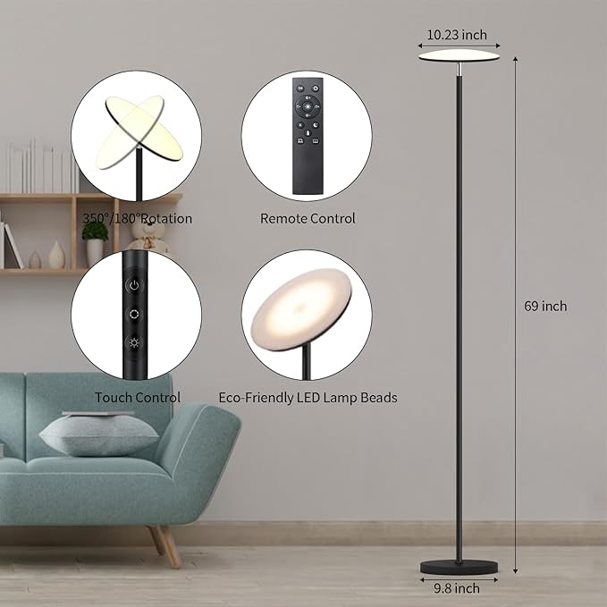 Floor Lamps for Living Room, 36W/3600LM Super Bright Standing Lamp with Remote & Touch Control, Stepless Dimming & 2700K-6500K Color Temperature, LED Floor Lamp for Bedroom Office, Black