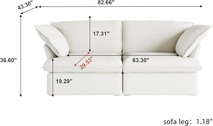 WJShome Love Seat Sofas, Modern Down Filled Modular Sectional Sofas, Cushion Covers Removable, Customizable Modular Sectional Couch for Living Room Apartment Lounge Bedroom (White, 2 Seat)