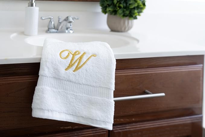 White Monogrammed Hand Towels for Bathroom - Luxury Hotel Quality Personalized Initial Embroidered Towel for Powder Room, Spa - GOTS Organic Certified - Set of 2 Gold Letter W