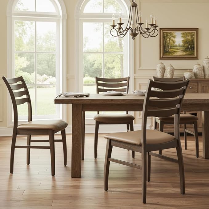 DUOMAY Farmhouse Dining Chairs Set of 6, PU Brown Upholstered Side Chairs Solid Wood Ladder Back Kitchen Chairs for Home Dining Room, Walnut Frame