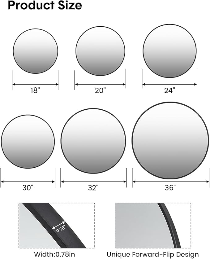 20 Inch Black Circle Wall Mirror, Modern Round Metal Framed Mirror for Bathroom, Entryway, Living Room, Bedroom, Dining Room, Hallway, Decorative Home Décor, Easy Mount