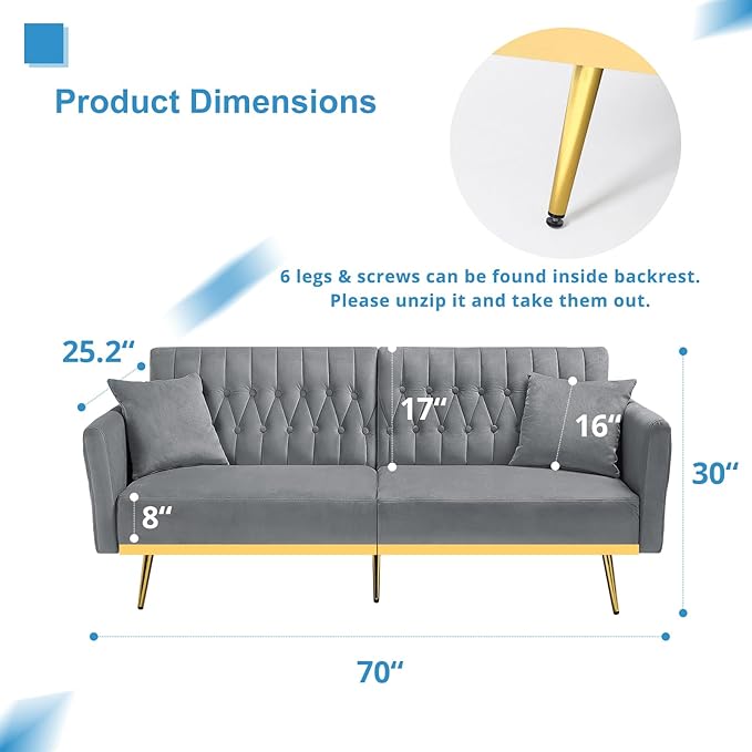 70” Velvet Futon Sofa Bed with 2 Pillows and Adjustable Armrests, Convertible Sleeper Bed W/Adjustable Backrests, Modern Loveseat for Living Room, Bedroom, Light Grey