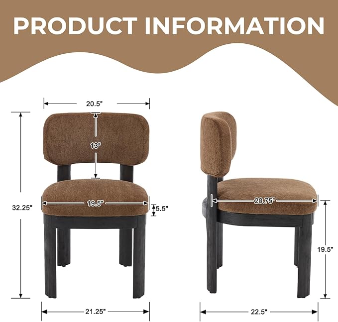 Modern Brown Upholstered Dining Chairs Set of 4 Wooden Side Chairs with Curved Backrest and Black Legs for Kitchen Island, Dining Room