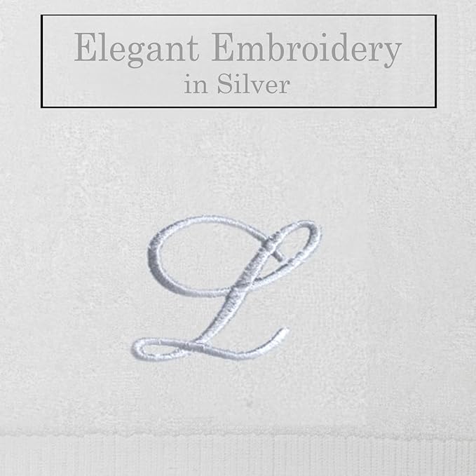 White Monogrammed Hand Towels for Bathroom - Luxury Hotel Quality Personalized Initial Embroidered Towel for Powder Room, Spa - GOTS Organic Certified - Pack of 2 Silver, Letter L