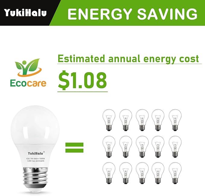 YukiHalu A15 LED Light Bulbs, 60W Equivalent, E26 Base, 2700K/3000K/5000K White, 7W 600 Lumens 120V, UL Listed, Ceiling Fan Light Bulbs, Appliance Bulb, Not Dimmable, Pack of 6 (5000K Daylight White)