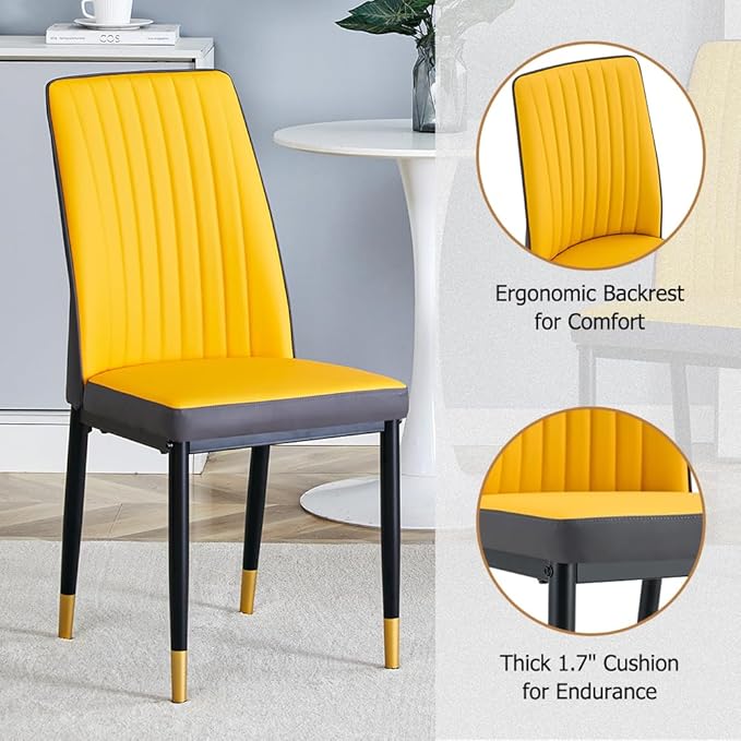 Modern Dining Table Set for 6, Marble Kitchen Table Chair Set for 6, Rectangular Kitchen Table with 6 Pu Leather Upholstered Chair for Dining Room (Black, Yellow)