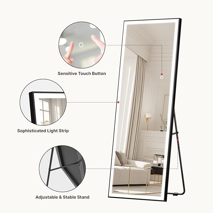 Kosmonia 64x22 Full Length Mirror, Dimmable 3 Color LED Light w/Light Memory, Distortion Free Silver Coating Mirror, HD Reflection &Anti Desilvering,Tempered Glass &Shatter Proof Film Doubles Safety