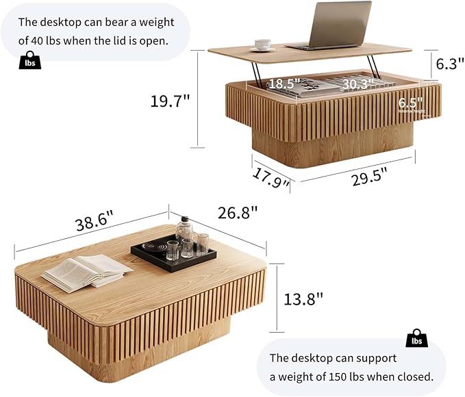 38.6" Lift Top Fluted Coffee Table with Storage, Rectangle Coffee Table with Solid Wood Veneered, Modern Wooden Center Table, Accent Tea Table for Living Room Apartment, Natural