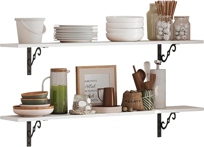 DINZI LVJ Long Wall Shelves, 23.6" Large Floating Shelves Set of 2, Farmhouse Display Shelf Wall Mounted with Heavy Duty Brackets, Easy Assembly for Kitchen, Bathroom, Bedroom, Balcony, White