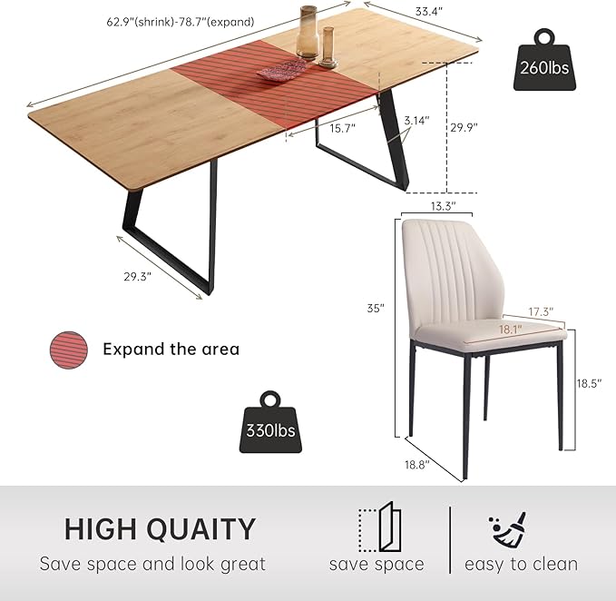 63"-79" Expandable Dining Table Set for 6, Wood Table & 6 White Chairs, Extendable Kitchen Dining Table Set for Kitchen & Dining Room, Modern Oak & White