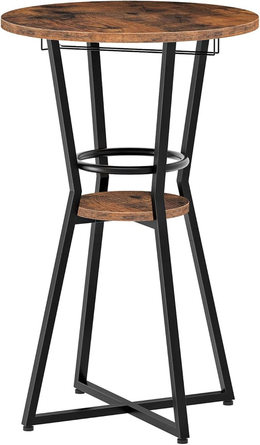 HOOBRO Round Bar Table, 2-Tier Counter Height Pub Table with Wine Glass Holder, Industrial Cocktail Table, for Small Space, Tavern, Living Room, Dining Room, Patio, Rustic Brown and Black BF62BT01G1