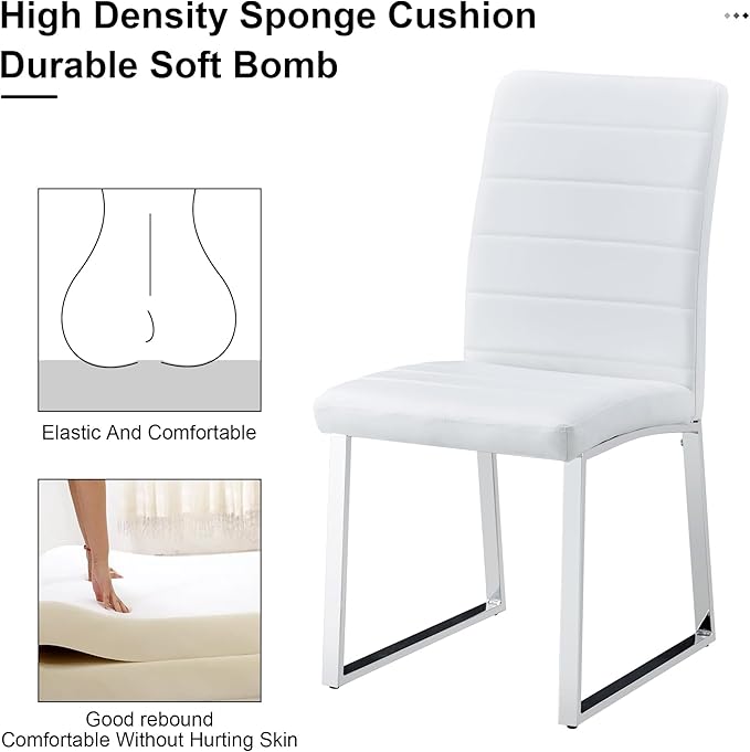 Modern Dining Chairs Set of 4, White Faux Leather Kitchen Chairs, Upholstered Armless Dining Room Chair with Gold Mental Legs Heavy Duty, Comfortable (White Chairs, Set of 6)