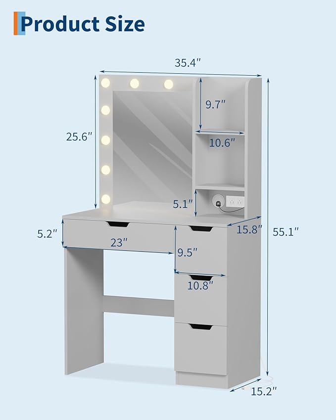 Garvee Vanity Desk with Mirror and Lights - Makeup Vanity Desk with 4 Drawers, Built-in Power Outlet & USB, Adjustable LED Lighting, Makeup Table for Bedroom (Grey)