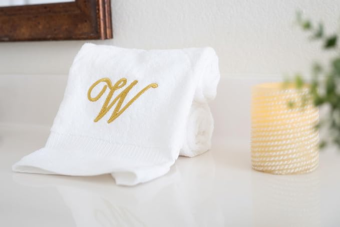 White Monogrammed Hand Towels for Bathroom - Luxury Hotel Quality Personalized Initial Embroidered Towel for Powder Room, Spa - GOTS Organic Certified - Set of 2 Gold Letter W