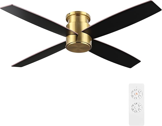 WINGBO 44" Flush Mount DC Ceiling Fan without Lights, 4 Reversible Plywood Blades, Quiet 6-Speed DC Motor, Hugger Low Profile Ceiling Fan No Lights for Bedroom, Brass Finish and Black/White Blades