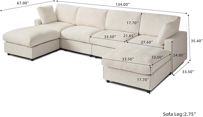 JACH U Shape Sectional Couches for Living Room, Modular Sofa with Chaise Ottomans, Cloud Sectional Couch, Sofa Covers Washable, Minimalist Couch for Living Room, Apartment, Beige