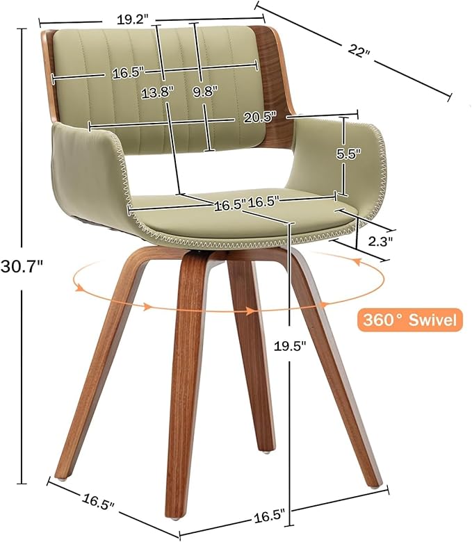 LUNLING Swivel Accent Faux Leather Dining Chairs Set of 4,Mid Century Modern Chairs with Wooden Legs/Armrest/Upholstered Seat/Adjustable Foots for Kitchen Dining Room Desk Chairs,Green