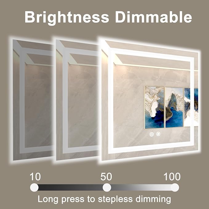 24 X 24 Inch Square LED Bathroom Vanity Mirror, 3 Colors Light Dimmable, Wall Mounted Memory Lighted Makeup Mirror with Anti-Fog Touch Switch (Front-lit&Backlit)