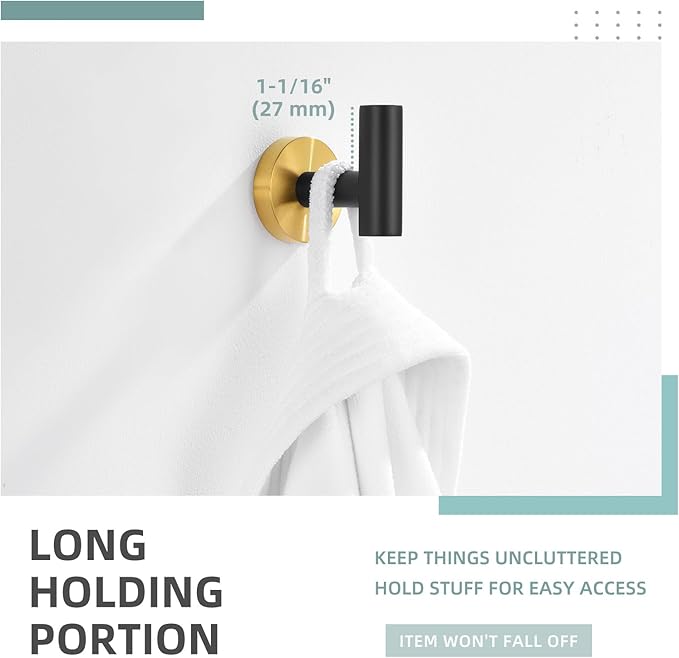 Angle Simple Towel Hook Black & Gold, Stainless Steel Bathroom Towel Holder, Round Clothing Robe Hook Wall Mount