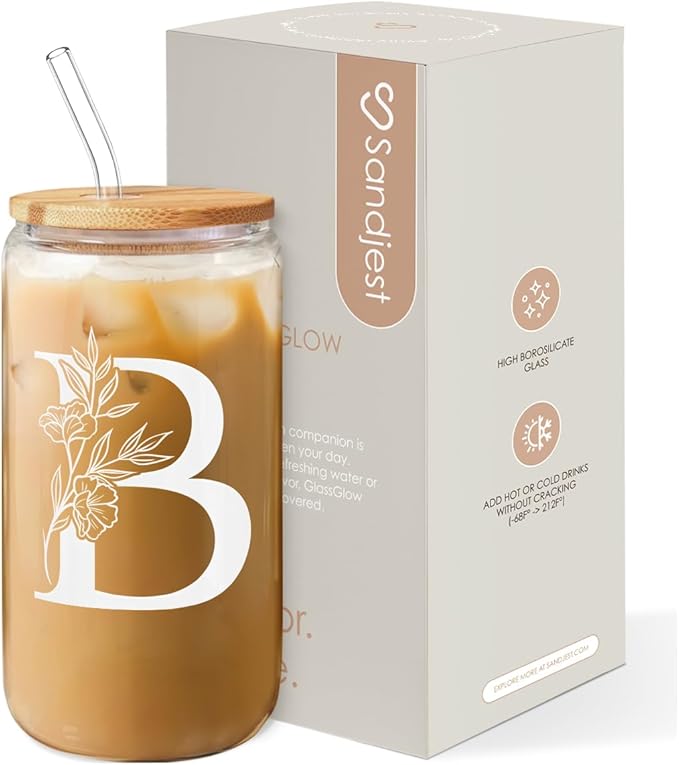SANDJEST Monogrammed Gifts for Women - Monogram B Initial Glass Cup 16 Oz Can Coffee Cups with Lid and Straw - Monogram Initials Gifts for Womens on Birthday