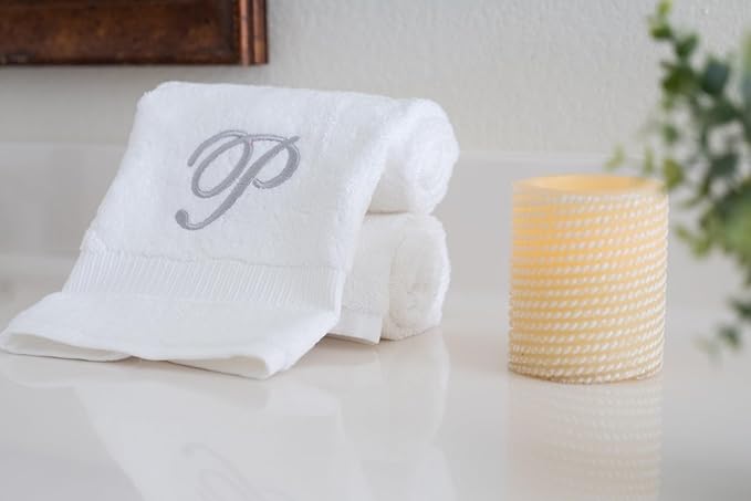 White Monogrammed Hand Towels for Bathroom - Luxury Hotel Quality Personalized Initial Embroidered Towel for Powder Room, Spa - GOTS Organic Certified - Set of 2 Silver Letter P
