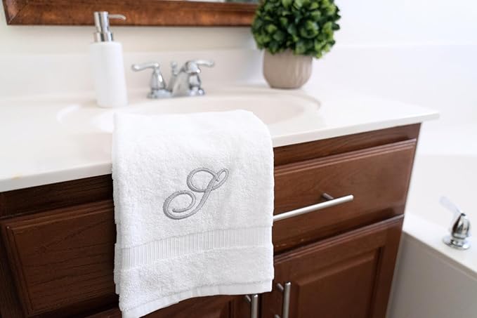 White Monogrammed Hand Towels for Bathroom - Luxury Hotel Quality Personalized Initial Embroidered Towel for Powder Room, Spa - GOTS Organic Certified - Pack of 2 Silver, Letter S