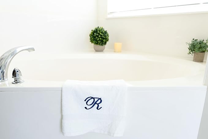 White Monogrammed Hand Towels for Bathroom - Luxury Hotel Quality Personalized Initial Embroidered Towel for Powder Room, Spa - GOTS Organic Certified - Pack of 2 Navy, Letter R