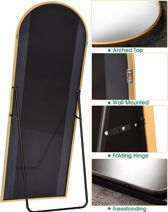 Gold Arch Mirror - 34in x 76in Freestanding Full Body Mirror, Wall-Mount Option for Bedroom