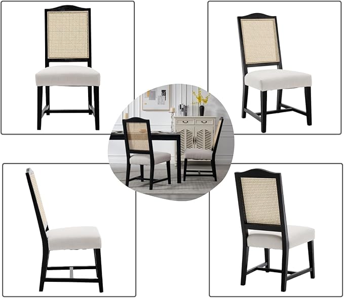 EALSON Rattan Dining Chairs Set of 2 Linen Upholstered Dining Room Chairs with Cane Back Mid Century Modern Kitchen Chairs Black Wood Frame Side Chair for Dining Room, Beige