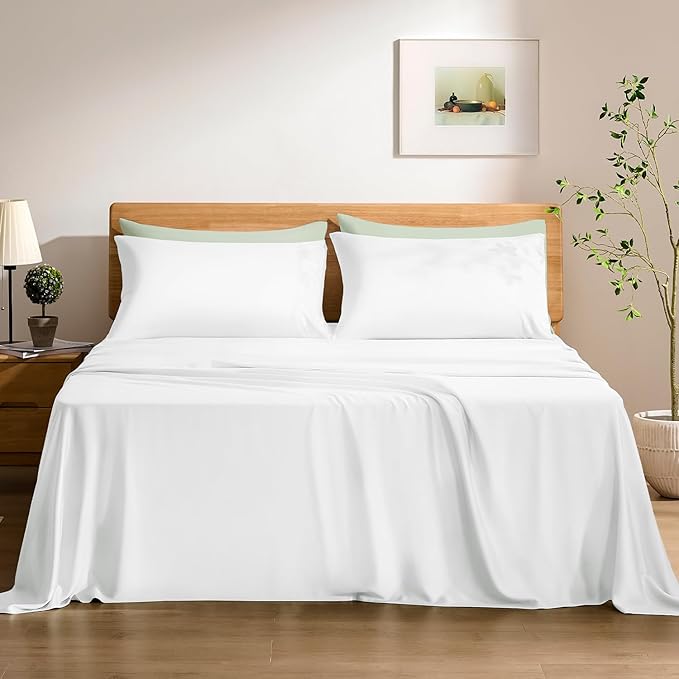 TOSMO Luxury Cooling Sheet Set - 100% Viscose from Bamboo, 4-Piece Bedding Set (Cal King Size) - 18” Extra Deep Pockets, Oeko-Tex Certified, Silky Soft and Breathable, Classic White